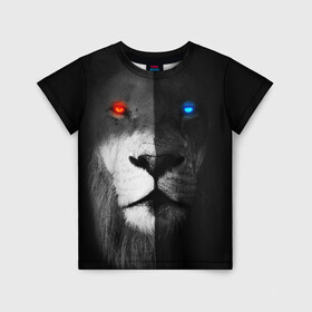 Детская футболка 3D с принтом ЛЕВ - НЕОНОВЫЕ ГЛАЗА в Тюмени, 100% гипоаллергенный полиэфир | прямой крой, круглый вырез горловины, длина до линии бедер, чуть спущенное плечо, ткань немного тянется | lion | neon | глаза | голова | дикая кошка | животные | кот | кошка | лев | неон | светящиеся глаза | тигр | хищник