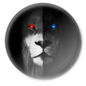 Значок с принтом ЛЕВ - НЕОНОВЫЕ ГЛАЗА в Тюмени,  металл | круглая форма, металлическая застежка в виде булавки | lion | neon | глаза | голова | дикая кошка | животные | кот | кошка | лев | неон | светящиеся глаза | тигр | хищник