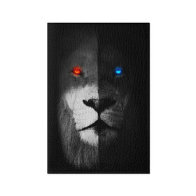 Обложка для паспорта матовая кожа с принтом ЛЕВ - НЕОНОВЫЕ ГЛАЗА в Тюмени, натуральная матовая кожа | размер 19,3 х 13,7 см; прозрачные пластиковые крепления | Тематика изображения на принте: lion | neon | глаза | голова | дикая кошка | животные | кот | кошка | лев | неон | светящиеся глаза | тигр | хищник