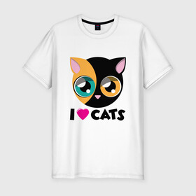 Мужская футболка хлопок Slim с принтом I Love Cats в Тюмени, 92% хлопок, 8% лайкра | приталенный силуэт, круглый вырез ворота, длина до линии бедра, короткий рукав | animal | cat | cute | kitty | love | meow | друг | животные | киска | китти | кот | котенок | котик | котэ | кошечка | кошка | милый | мур | мяу | питомец | тигр