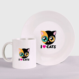 Набор: тарелка + кружка с принтом I Love Cats в Тюмени, керамика | Кружка: объем — 330 мл, диаметр — 80 мм. Принт наносится на бока кружки, можно сделать два разных изображения. 
Тарелка: диаметр - 210 мм, диаметр для нанесения принта - 120 мм. | animal | cat | cute | kitty | love | meow | друг | животные | киска | китти | кот | котенок | котик | котэ | кошечка | кошка | милый | мур | мяу | питомец | тигр