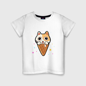 Детская футболка хлопок с принтом Ice Cream Cat в Тюмени, 100% хлопок | круглый вырез горловины, полуприлегающий силуэт, длина до линии бедер | animal | cat | cute | kitty | meow | друг | животные | киска | китти | кот | котенок | котик | котэ | кошечка | кошка | милый | мороженое | мур | мяу | питомец | тигр