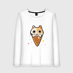 Женский лонгслив хлопок с принтом Ice Cream Cat в Тюмени, 100% хлопок |  | animal | cat | cute | kitty | meow | друг | животные | киска | китти | кот | котенок | котик | котэ | кошечка | кошка | милый | мороженое | мур | мяу | питомец | тигр