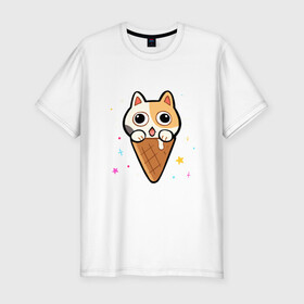 Мужская футболка хлопок Slim с принтом Ice Cream Cat в Тюмени, 92% хлопок, 8% лайкра | приталенный силуэт, круглый вырез ворота, длина до линии бедра, короткий рукав | animal | cat | cute | kitty | meow | друг | животные | киска | китти | кот | котенок | котик | котэ | кошечка | кошка | милый | мороженое | мур | мяу | питомец | тигр