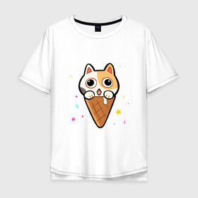 Мужская футболка хлопок Oversize с принтом Ice Cream Cat в Тюмени, 100% хлопок | свободный крой, круглый ворот, “спинка” длиннее передней части | animal | cat | cute | kitty | meow | друг | животные | киска | китти | кот | котенок | котик | котэ | кошечка | кошка | милый | мороженое | мур | мяу | питомец | тигр