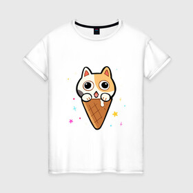 Женская футболка хлопок с принтом Ice Cream Cat в Тюмени, 100% хлопок | прямой крой, круглый вырез горловины, длина до линии бедер, слегка спущенное плечо | animal | cat | cute | kitty | meow | друг | животные | киска | китти | кот | котенок | котик | котэ | кошечка | кошка | милый | мороженое | мур | мяу | питомец | тигр