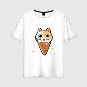 Женская футболка хлопок Oversize с принтом Ice Cream Cat в Тюмени, 100% хлопок | свободный крой, круглый ворот, спущенный рукав, длина до линии бедер
 | animal | cat | cute | kitty | meow | друг | животные | киска | китти | кот | котенок | котик | котэ | кошечка | кошка | милый | мороженое | мур | мяу | питомец | тигр