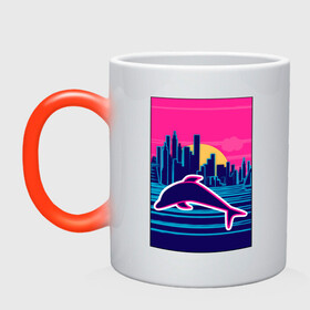 Кружка хамелеон с принтом Дельфин на фоне города в Тюмени, керамика | меняет цвет при нагревании, емкость 330 мл | город | дельфин | закат | море | ретро