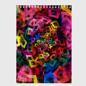 Скетчбук с принтом Калейдоскоп  в Тюмени, 100% бумага
 | 48 листов, плотность листов — 100 г/м2, плотность картонной обложки — 250 г/м2. Листы скреплены сверху удобной пружинной спиралью | калейдоскоп | квадраты | прямоугольники | радуга | разноцветный