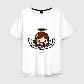Мужская футболка хлопок Oversize с принтом Иисус с крыльями в Тюмени, 100% хлопок | свободный крой, круглый ворот, “спинка” длиннее передней части | Тематика изображения на принте: ангел | воскрес | иисус | крылья | нимб | святой