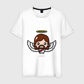 Мужская футболка хлопок с принтом Иисус с крыльями в Тюмени, 100% хлопок | прямой крой, круглый вырез горловины, длина до линии бедер, слегка спущенное плечо. | Тематика изображения на принте: ангел | воскрес | иисус | крылья | нимб | святой