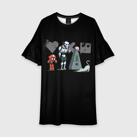 Детское платье 3D с принтом Любовь, Смерть & Роботы в Тюмени, 100% полиэстер | прямой силуэт, чуть расширенный к низу. Круглая горловина, на рукавах — воланы | cat | cats | death | logo | love | netflix | robots | анимация | кино | кот | кошка | лого | любовь | нетфликс | роботы | сериал