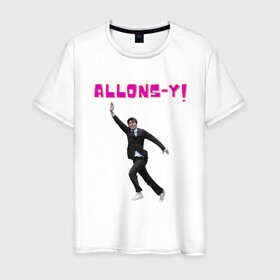 Мужская футболка хлопок с принтом Allons-y! Дэвид Теннант в Тюмени, 100% хлопок | прямой крой, круглый вырез горловины, длина до линии бедер, слегка спущенное плечо. | 10 доктор | allonsy | doctor who | доктор мем | дэвид теннант | тардис