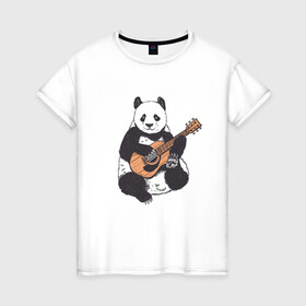 Женская футболка хлопок с принтом Панда гитарист | Panda Guitar в Тюмени, 100% хлопок | прямой крой, круглый вырез горловины, длина до линии бедер, слегка спущенное плечо | acoustic | bear | bears | china | chineese panda | guitarist | music | акустическая гитара | гитара | китай | китайская панда | косолапый | медведь | медвежонок | милая панда | мишка | музыка | музыкант | пандочка | пандочки