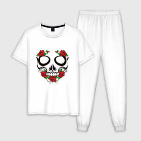 Мужская пижама хлопок с принтом Череп и розы в Тюмени, 100% хлопок | брюки и футболка прямого кроя, без карманов, на брюках мягкая резинка на поясе и по низу штанин
 | skull | глазницы | розы | цветы | череп
