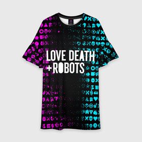 Детское платье 3D с принтом ЛЮБОВЬ СМЕРТЬ И РОБОТЫ в Тюмени, 100% полиэстер | прямой силуэт, чуть расширенный к низу. Круглая горловина, на рукавах — воланы | death | hear | ldr | logo | love | netflix | robots | smile | анимация | кино | лого | лср | любовь | нетфликс | роботы | сердце | сериал | смайл | смайлик