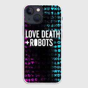 Чехол для iPhone 13 mini с принтом ЛЮБОВЬ СМЕРТЬ И РОБОТЫ в Тюмени,  |  | death | hear | ldr | logo | love | netflix | robots | smile | анимация | кино | лого | лср | любовь | нетфликс | роботы | сердце | сериал | смайл | смайлик