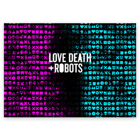 Поздравительная открытка с принтом ЛЮБОВЬ СМЕРТЬ И РОБОТЫ в Тюмени, 100% бумага | плотность бумаги 280 г/м2, матовая, на обратной стороне линовка и место для марки
 | death | hear | ldr | logo | love | netflix | robots | smile | анимация | кино | лого | лср | любовь | нетфликс | роботы | сердце | сериал | смайл | смайлик