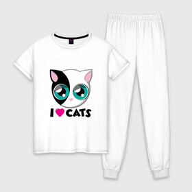 Женская пижама хлопок с принтом I Love Cats в Тюмени, 100% хлопок | брюки и футболка прямого кроя, без карманов, на брюках мягкая резинка на поясе и по низу штанин | animal | cat | cute | kitty | love | meow | друг | животные | киска | китти | кот | котенок | котик | котэ | кошечка | кошка | люблю | любовь | милый | мур | мяу | питомец | тигр