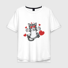 Мужская футболка хлопок Oversize с принтом Love Cat в Тюмени, 100% хлопок | свободный крой, круглый ворот, “спинка” длиннее передней части | animal | cat | cute | kitty | love | meow | друг | животные | киска | китти | кот | котенок | котик | котэ | кошечка | кошка | люблю | любовь | милый | мур | мяу | питомец | сердце | тигр