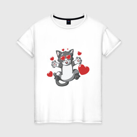 Женская футболка хлопок с принтом Love Cat в Тюмени, 100% хлопок | прямой крой, круглый вырез горловины, длина до линии бедер, слегка спущенное плечо | animal | cat | cute | kitty | love | meow | друг | животные | киска | китти | кот | котенок | котик | котэ | кошечка | кошка | люблю | любовь | милый | мур | мяу | питомец | сердце | тигр