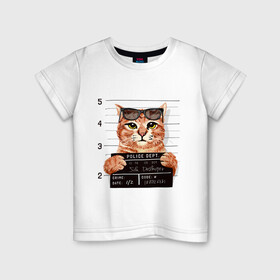 Детская футболка хлопок с принтом РУТОЙ КОТ В ОЧКАХ ЗАКЛЮЧЕННЫЙ в Тюмени, 100% хлопок | круглый вырез горловины, полуприлегающий силуэт, длина до линии бедер | cat | cats | cool | cute | funny | kitten | kitty | meow | pet | prisoner | в очках | заключенный | кот | котик | коты | кошка | кошки | милый