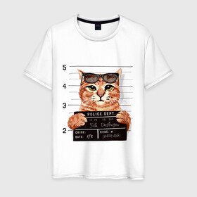 Мужская футболка хлопок с принтом РУТОЙ КОТ В ОЧКАХ ЗАКЛЮЧЕННЫЙ в Тюмени, 100% хлопок | прямой крой, круглый вырез горловины, длина до линии бедер, слегка спущенное плечо. | cat | cats | cool | cute | funny | kitten | kitty | meow | pet | prisoner | в очках | заключенный | кот | котик | коты | кошка | кошки | милый