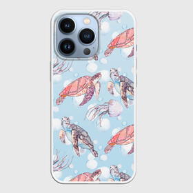 Чехол для iPhone 13 Pro с принтом подводный мир черепахи медузы в Тюмени,  |  | Тематика изображения на принте: биология | зоология | лето | медузы | море | океан | отдых | подводный мир | пузырьки | черепахи