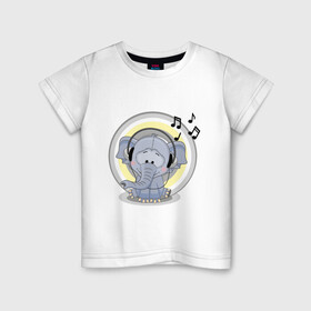 Детская футболка хлопок с принтом Слоненок в наушниках в Тюмени, 100% хлопок | круглый вырез горловины, полуприлегающий силуэт, длина до линии бедер | аудио | вдохновение | детеныш | детский | животное | зверь | звуки | зоопарк | лекция | малыш | муза | музыка | музыкант | мультяшный | наушники | нозы | ноты | рисунок | слон | слоненок