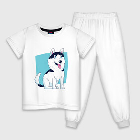Детская пижама хлопок с принтом Сибирский Хаски Siberian Husky в Тюмени, 100% хлопок |  брюки и футболка прямого кроя, без карманов, на брюках мягкая резинка на поясе и по низу штанин
 | Тематика изображения на принте: alaska | cute | dog | huskey | husky | laika | pomeranian | puppy | samoed | siberia | аляска | карликовый хаски | лайка | маламут | малыш | паппи | порода | самоед | сибирский хаски | сибирь | собака | щенок