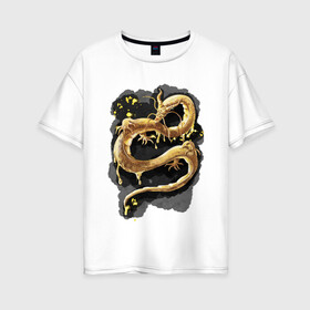 Женская футболка хлопок Oversize с принтом Золотой Дракон в Тюмени, 100% хлопок | свободный крой, круглый ворот, спущенный рукав, длина до линии бедер
 | animal | art | dragon | print | арт | дракон | звери | принт | фон | япония