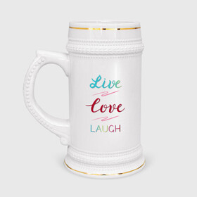 Кружка пивная с принтом Live love laugh, Живи, люби в Тюмени,  керамика (Материал выдерживает высокую температуру, стоит избегать резкого перепада температур) |  объем 630 мл | Тематика изображения на принте: laugh | live | love | живи | зеленый | красный | леттеринг | люби | розовый | смейся