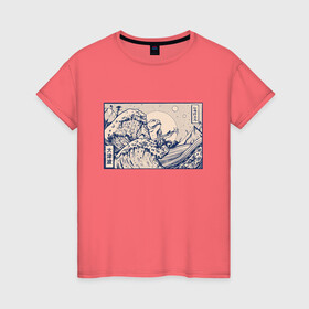 Женская футболка хлопок с принтом Японская лягушка Укиё-э в Тюмени, 100% хлопок | прямой крой, круглый вырез горловины, длина до линии бедер, слегка спущенное плечо | art | great wave | illustration | japan | japanese wave | kanji | storm | tentacle | toad | ukiyo e | wave | арт | большая волна | иероглифы | изобразительное искусство | иллюстрация | кандзи | картина | рисунок | шторм | щупальца | япония | 
