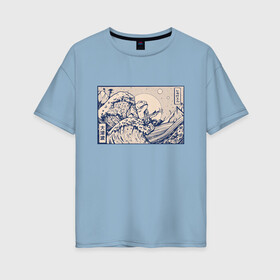 Женская футболка хлопок Oversize с принтом Японская лягушка Укиё-э в Тюмени, 100% хлопок | свободный крой, круглый ворот, спущенный рукав, длина до линии бедер
 | art | great wave | illustration | japan | japanese wave | kanji | storm | tentacle | toad | ukiyo e | wave | арт | большая волна | иероглифы | изобразительное искусство | иллюстрация | кандзи | картина | рисунок | шторм | щупальца | япония | 