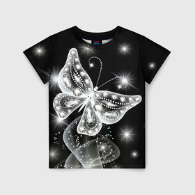Детская футболка 3D с принтом Белая бабочка в Тюмени, 100% гипоаллергенный полиэфир | прямой крой, круглый вырез горловины, длина до линии бедер, чуть спущенное плечо, ткань немного тянется | бабочка | блестки | блестящая бабочка | черно белое