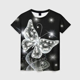 Женская футболка 3D с принтом Белая бабочка в Тюмени, 100% полиэфир ( синтетическое хлопкоподобное полотно) | прямой крой, круглый вырез горловины, длина до линии бедер | бабочка | блестки | блестящая бабочка | черно белое