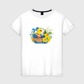 Женская футболка хлопок с принтом Пасха в Тюмени, 100% хлопок | прямой крой, круглый вырез горловины, длина до линии бедер, слегка спущенное плечо | корзина | пасха | пасхальные яйца | праздник | рисунок | цветы | цыпленок | яйца
