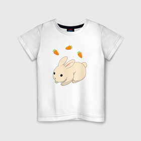 Детская футболка хлопок с принтом кролик с морковкой в Тюмени, 100% хлопок | круглый вырез горловины, полуприлегающий силуэт, длина до линии бедер | Тематика изображения на принте: аниме | грызун | домашнее животное | животное | кролик | морковь | овощ | питомец