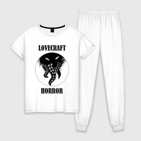 Женская пижама хлопок с принтом Lovecraft Horror в Тюмени, 100% хлопок | брюки и футболка прямого кроя, без карманов, на брюках мягкая резинка на поясе и по низу штанин | horror | lovecraft | lovecraft horror | ктулху | лавкрафт