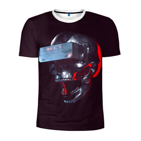 Мужская футболка 3D спортивная с принтом Другой мир в Тюмени, 100% полиэстер с улучшенными характеристиками | приталенный силуэт, круглая горловина, широкие плечи, сужается к линии бедра | виртуальная реальность | зубы | очки | современность | череп