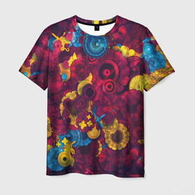 Мужская футболка 3D с принтом Цветы - шестеренки в Тюмени, 100% полиэфир | прямой крой, круглый вырез горловины, длина до линии бедер | странные цветы | узоры | узоры цветов | цветы | шестеренки