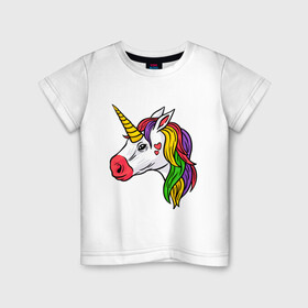 Детская футболка хлопок с принтом Цветной Единорог в Тюмени, 100% хлопок | круглый вырез горловины, полуприлегающий силуэт, длина до линии бедер | animal | horse | love | голова | грива | единорог | животные | зверь | конь | лошадь | любовь | магия | миф | рога | сердечки