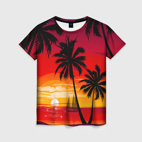 Женская футболка 3D с принтом Гавайский закат в Тюмени, 100% полиэфир ( синтетическое хлопкоподобное полотно) | прямой крой, круглый вырез горловины, длина до линии бедер | гавайи | закат | корабль | лето | море | отдых | пальмы | пейзаж | песок | пляж | природа | тропики