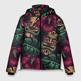 Мужская зимняя куртка 3D с принтом Тропический в Тюмени, верх — 100% полиэстер; подкладка — 100% полиэстер; утеплитель — 100% полиэстер | длина ниже бедра, свободный силуэт Оверсайз. Есть воротник-стойка, отстегивающийся капюшон и ветрозащитная планка. 

Боковые карманы с листочкой на кнопках и внутренний карман на молнии. | Тематика изображения на принте: beach | mask | palm | sea | summer | tropical | волны | жара | летние | лето | маска | море | пальмы | пляж | тропический
