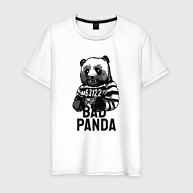 Мужская футболка хлопок с принтом Плохая панда в Тюмени, 100% хлопок | прямой крой, круглый вырез горловины, длина до линии бедер, слегка спущенное плечо. | bad | panda | заключенный | медведь | наручники | панда