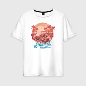 Женская футболка хлопок Oversize с принтом Summer paradise / Летний рай в Тюмени, 100% хлопок | свободный крой, круглый ворот, спущенный рукав, длина до линии бедер
 | beach | palm | sea | summer | волны | жара | летние | лето | море | пальмы | пляж | фламинго