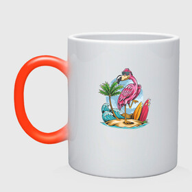 Кружка хамелеон с принтом Фламинго на пляже в Тюмени, керамика | меняет цвет при нагревании, емкость 330 мл | Тематика изображения на принте: beach | palm | sea | summer | волны | жара | летние | лето | море | пальмы | пляж | серфинг | фламинго