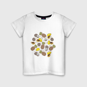 Детская футболка хлопок с принтом ананас папайя кокос в Тюмени, 100% хлопок | круглый вырез горловины, полуприлегающий силуэт, длина до линии бедер | Тематика изображения на принте: ананас | ананасик | веган | вегетарианец | вегетарианство | здоровое питание | кокос | надписи | папайя | папая | рисунок | фрукты | фруторианец | фруторианство | экзотические