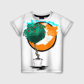 Детская футболка 3D с принтом Дерево (рисунок красками) в Тюмени, 100% гипоаллергенный полиэфир | прямой крой, круглый вырез горловины, длина до линии бедер, чуть спущенное плечо, ткань немного тянется | Тематика изображения на принте: дерево | зеленый | зелень | искусство | краски | оранжевый | пейзаж | растение | рисунок | современный дизайн | современный стиль | солнце