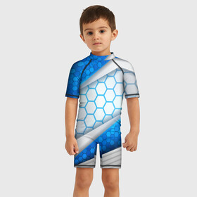 Детский купальный костюм 3D с принтом 3D AQUA БРОНЯ ОБЪЕМНЫЕ СОТЫ в Тюмени, Полиэстер 85%, Спандекс 15% | застежка на молнии на спине | 3d | 3д | aqua | абстракция | блеск | паттерн | соты | текстуры